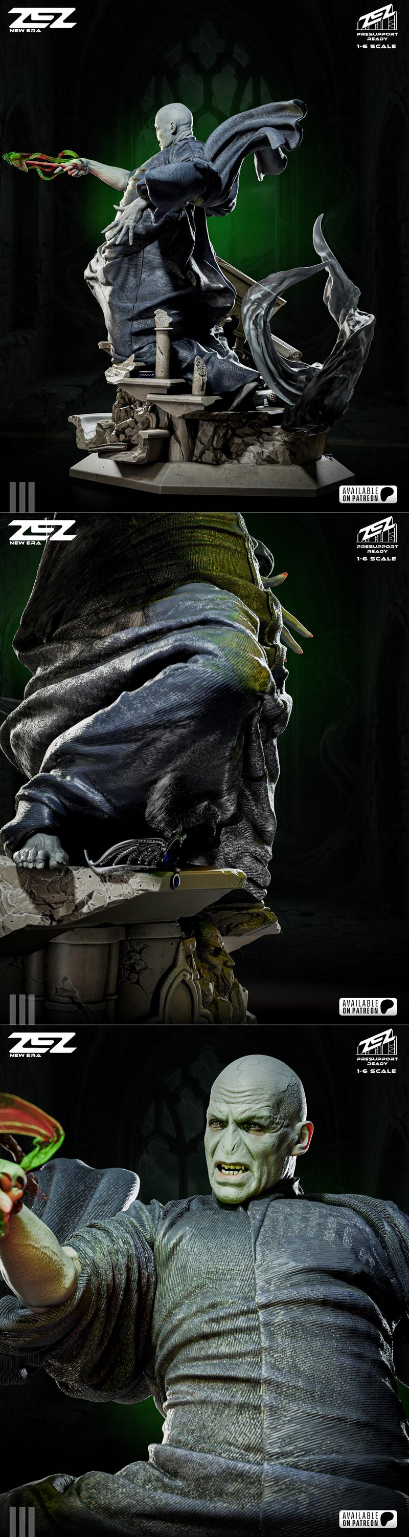Lord Voldemort figure in a dramatic pose, casting magic from his hand, with a detailed base featuring a snake and rui...