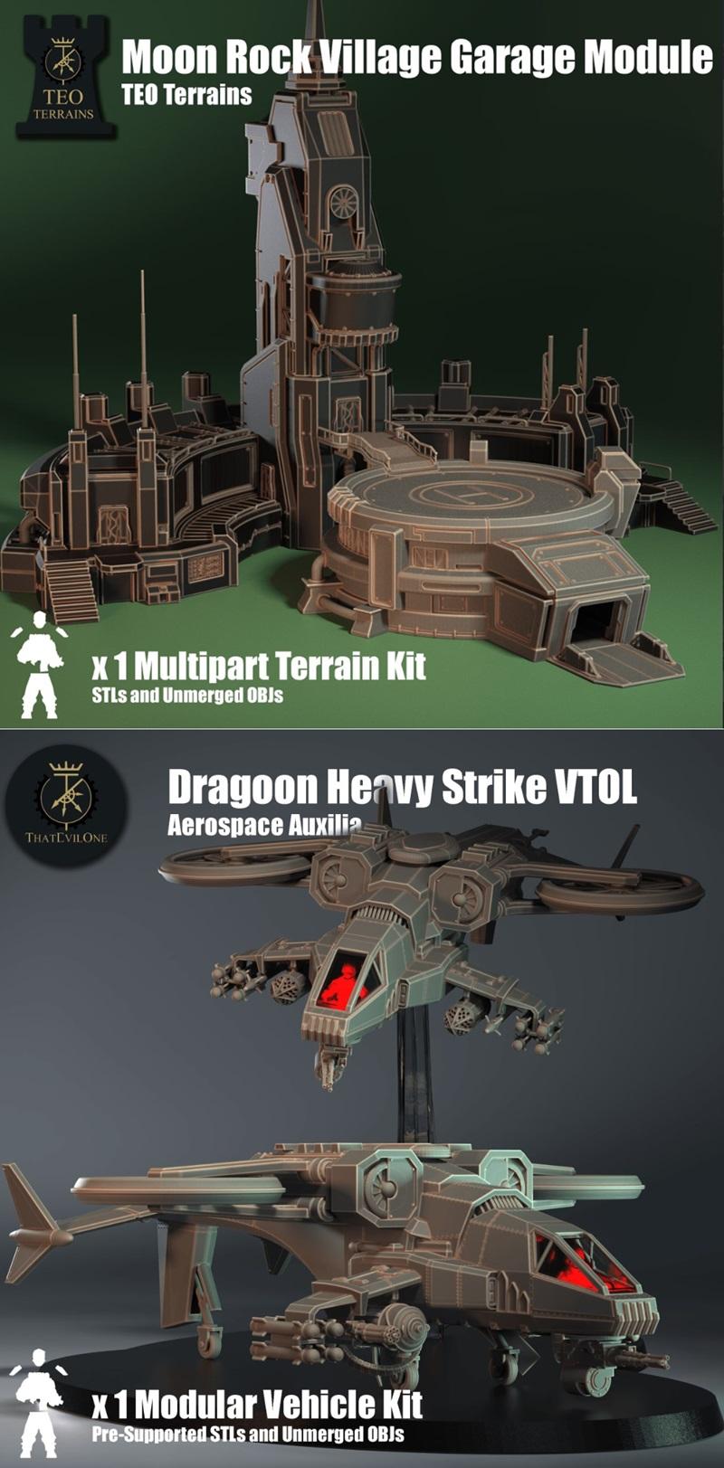 Collection of sci-fi 3D printable models: NASApunk astronauts, insectoid scout walkers, armored mechs, and a large wa...