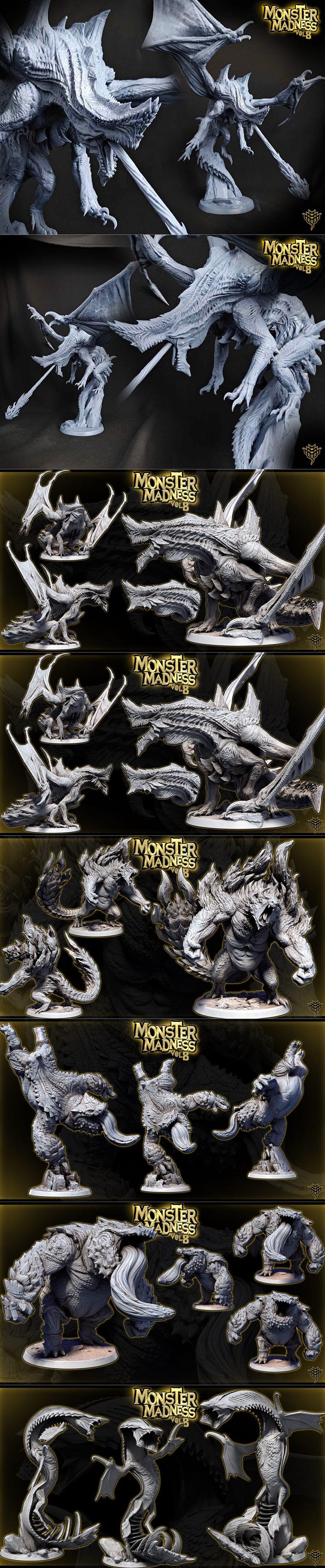 Collection of detailed 3D printable monster miniatures including dragons, beasts, and multi-limbed creatures on displ...