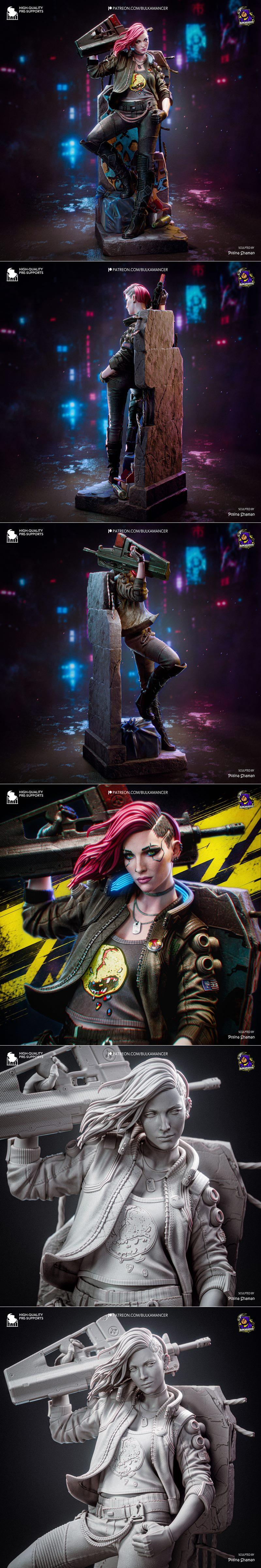 Cyberpunk female character Valerie with pink hair and undercut, wearing a tactical jacket and holding a futuristic ri...