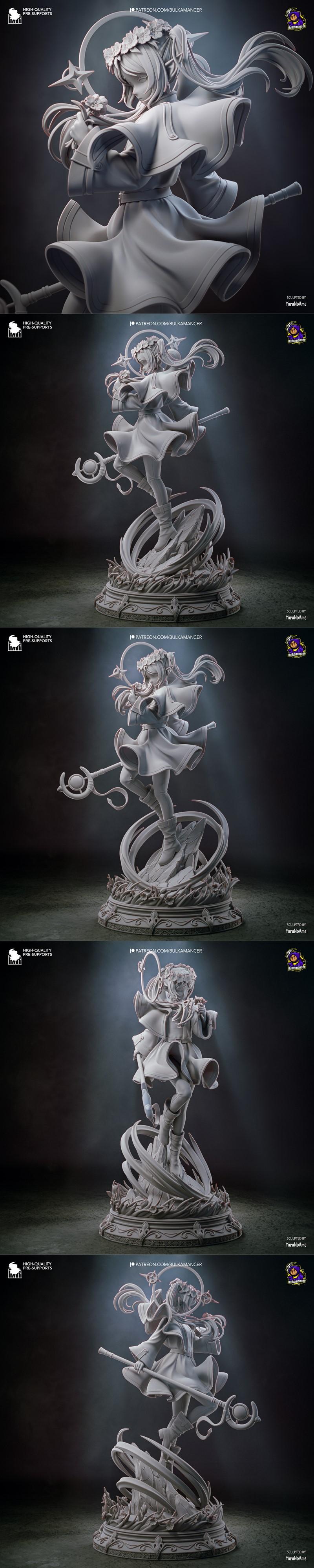 Frieren anime character 3D model, holding a flower and staff, wearing a white robe with gold trim, on a detailed base...