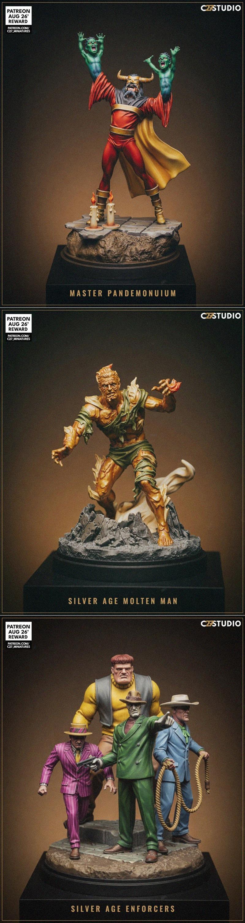 Collection of 3D printable miniatures: Shockler, Green Goblin on glider, Black Cat with a cat, Mary Jane in jeans, Kr...