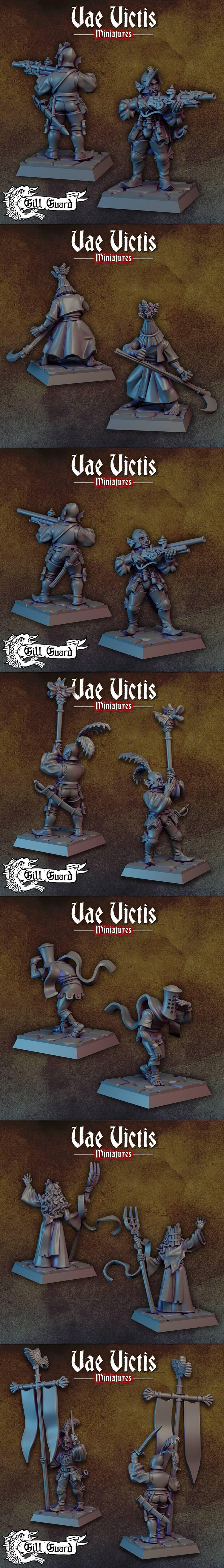 Collection of fantasy miniatures for 3D printing, featuring the 'Gill Guard' warband with modular options, armed with...