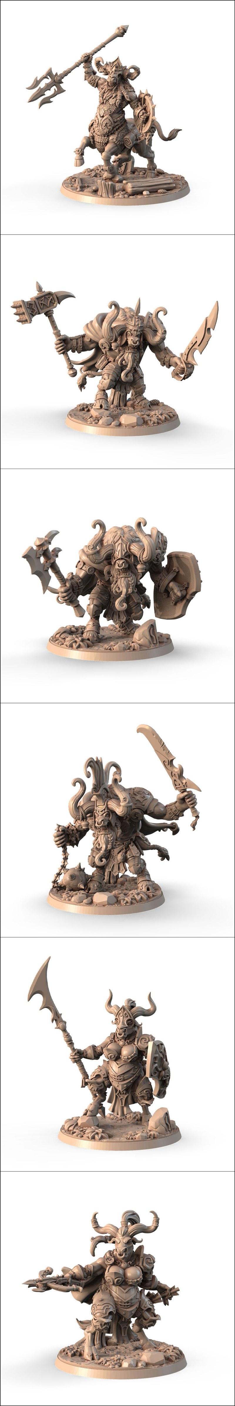 Collection of fantasy miniatures with bull-like heads and horns, wearing ornate armor and wielding axes and hammers,...