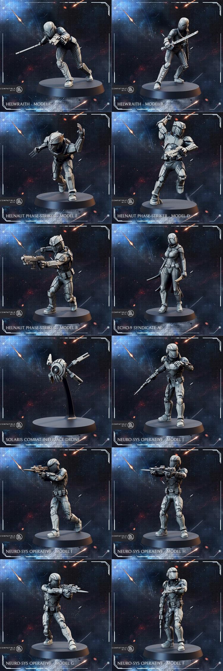 Collection of sci-fi 3D printable miniatures: a large spaceship, mechs, and soldiers in various combat poses, labeled...