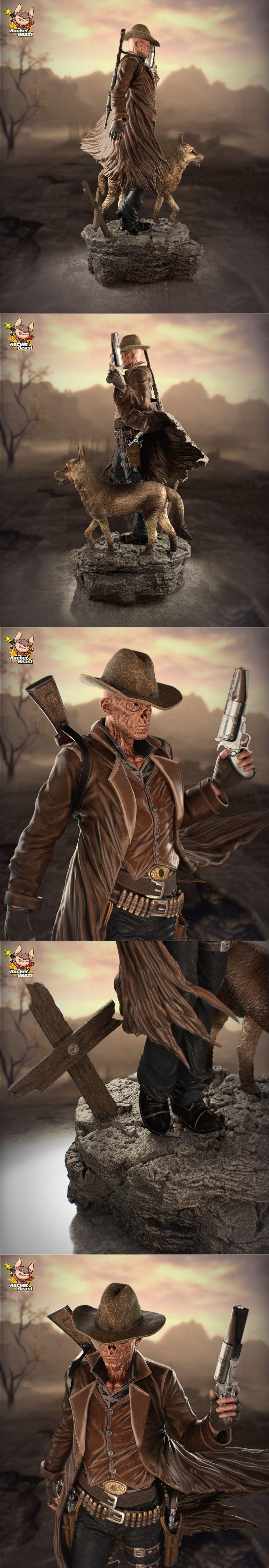 Post-apocalyptic Ghoul character with a dog, wearing a cowboy hat and duster, holding a pistol, on a rocky base.