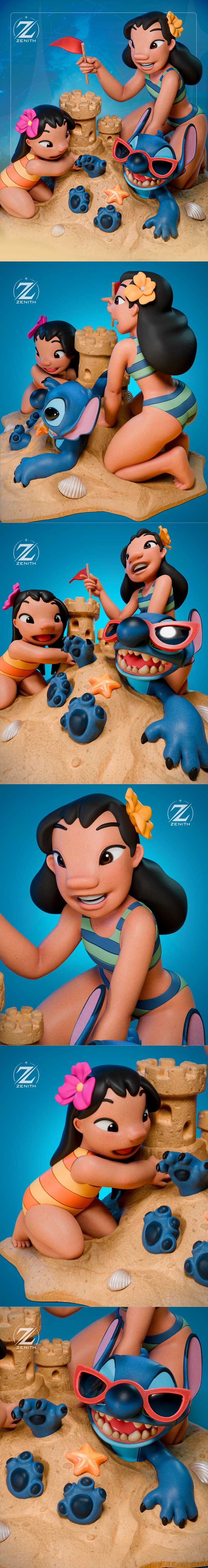 Lilo and Stitch building a sandcastle on a beach, wearing bikinis. The model is on a sandy base with seashells.