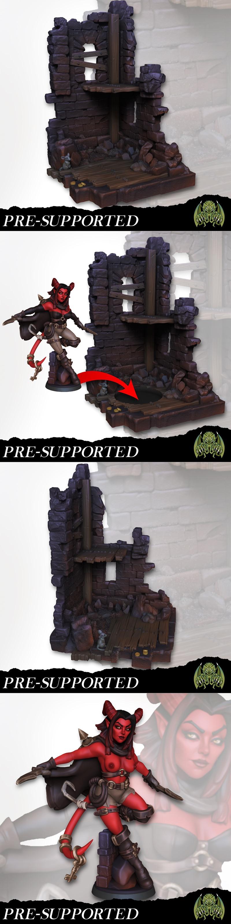 Red-skinned female tiefling miniature with horns, wearing a dark cloak and tactical gear, holding a dagger, posed dyn...