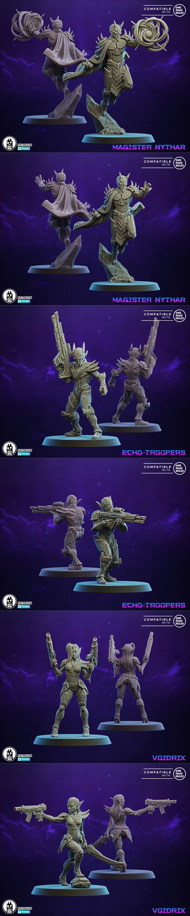 Collection of sci-fi female miniatures with futuristic armor and weapons, including Echo-Troopers and Voidrix, on dis...