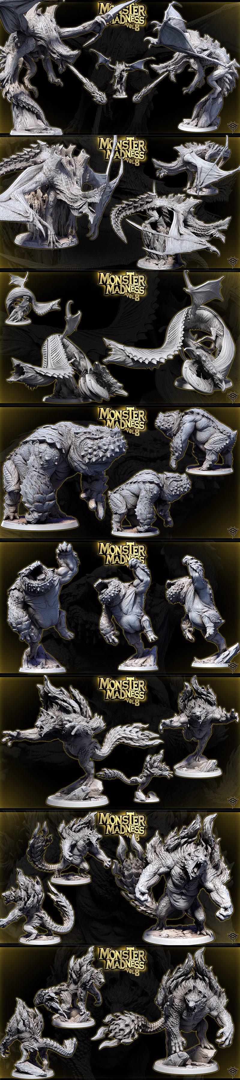 Collection of detailed 3D printable monster miniatures including dragons, beasts, and multi-limbed creatures on displ...