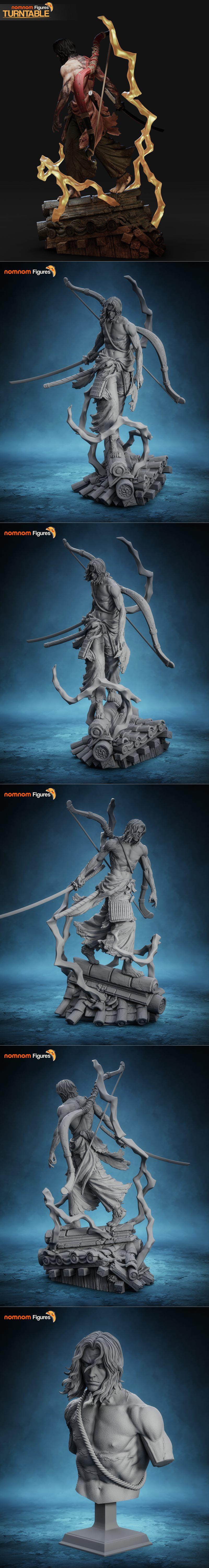 Genichiro Ashina from Sekiro: Shadows Die Twice, a 3D printable figure by Nomnom Figures, depicted with a bow, swords...