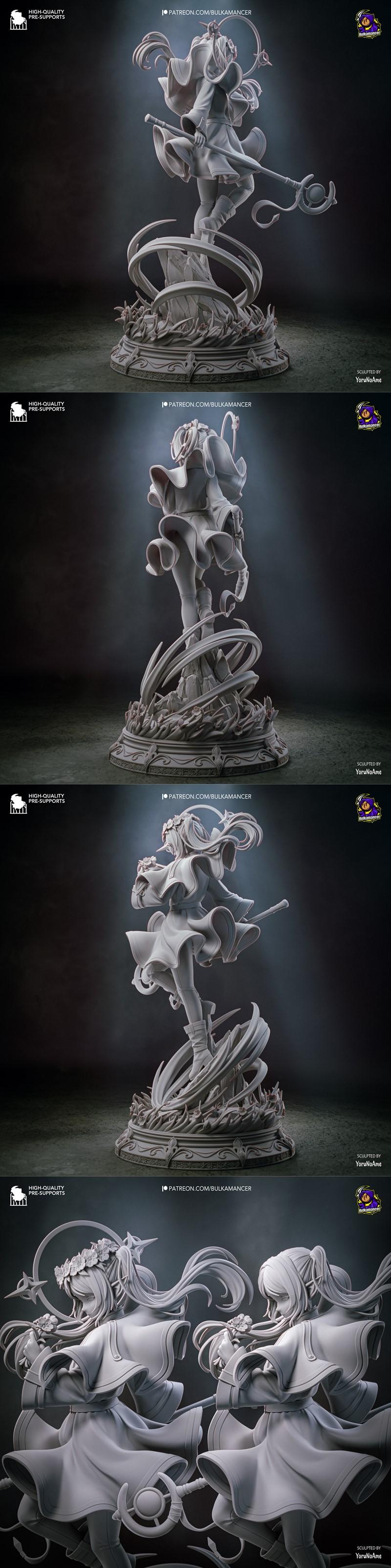 Frieren anime character 3D model, holding a flower and staff, wearing a white robe with gold trim, on a detailed base...