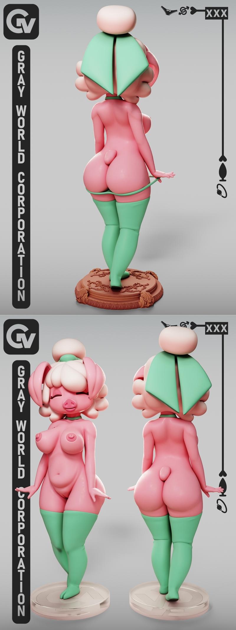 Stylized anthropomorphic pig girl figure with pink skin, green accents, and exaggerated curves, standing on an ornate...