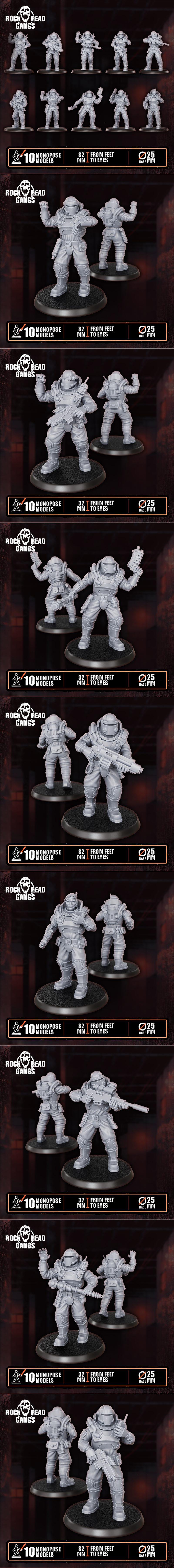 Collection of sci-fi/post-apocalyptic miniatures from Rock Head Gangs, featuring armored soldiers, punk gang members,...