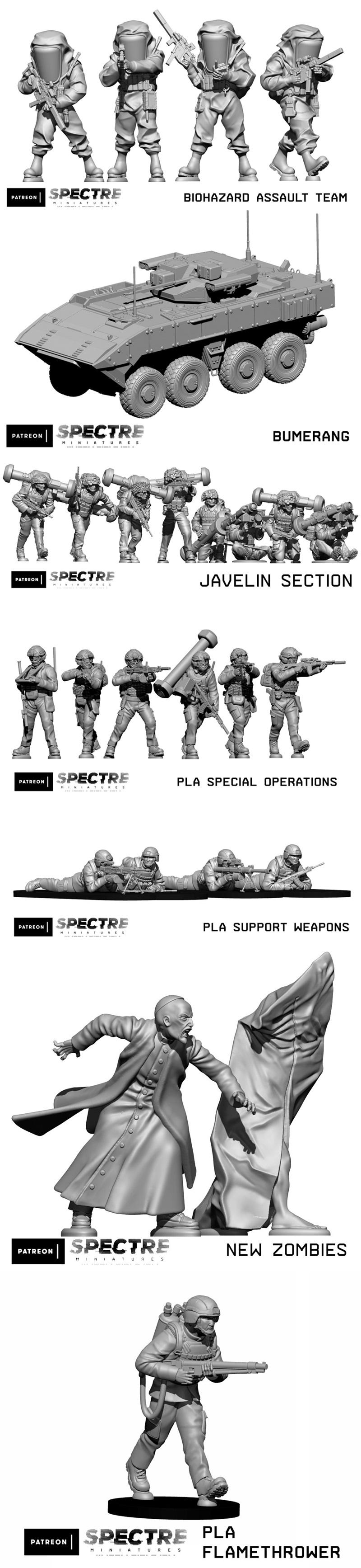Collection of sci-fi military miniatures: Baseball Cap Rangers, Royal Marines, PLA Mechanised Squad, a tank, a cowboy...