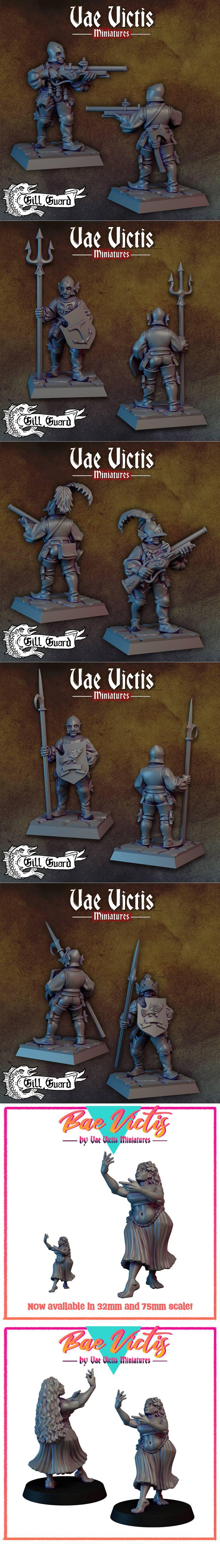Collection of fantasy miniatures for 3D printing, featuring the 'Gill Guard' warband with modular options, armed with...