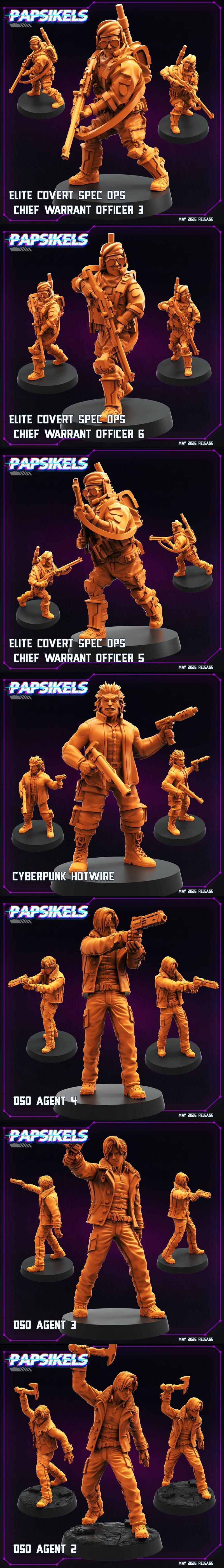 Collection of 3D printable miniatures: Elite Covert Spec Ops soldiers and Cyber Bunny Tara in revealing outfit.