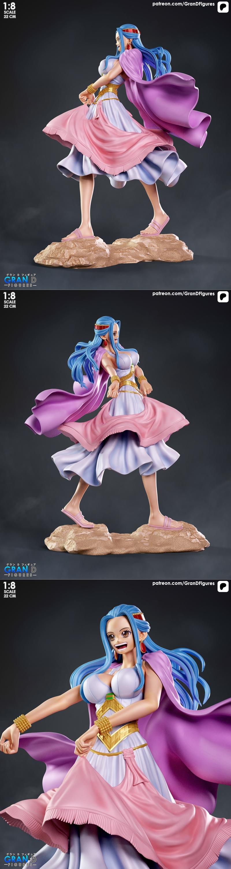 Vivi from One Piece anime, 1:8 scale 3D print model, wearing a pink and blue dress with a purple cape, standing on a...