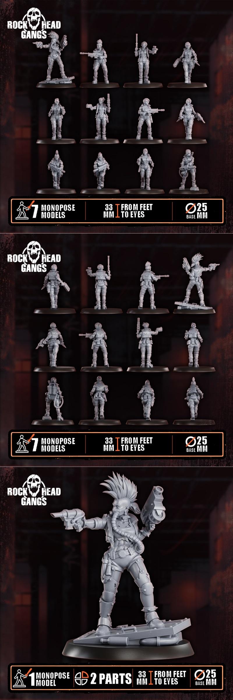 Collection of sci-fi/post-apocalyptic miniatures from Rock Head Gangs, featuring armored soldiers, punk gang members,...