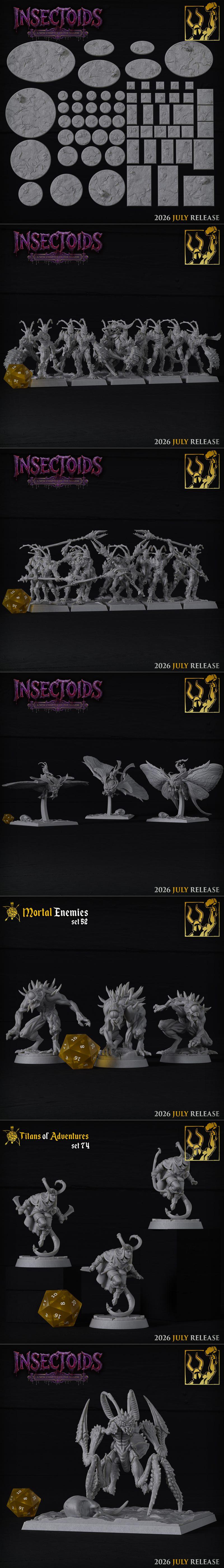 Collection of grey 3D printed miniatures depicting insectoid monsters, a dragon, and a warrior, displayed on square b...