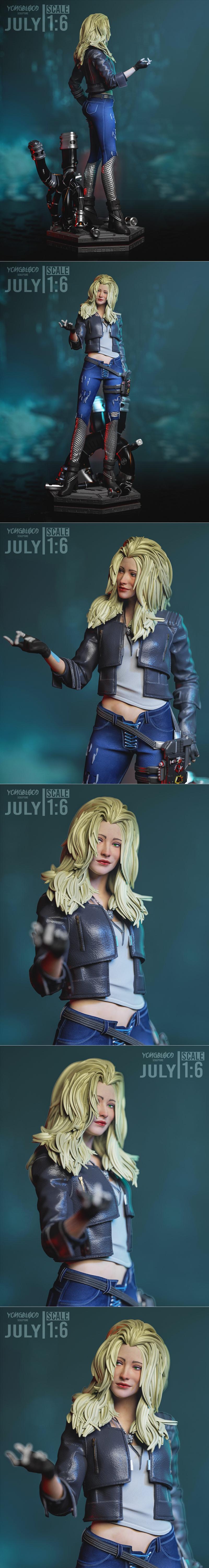 1:6 scale 3D model of Alt Cunningham from Cyberpunk 2077, wearing a blue jacket, ripped jeans, and armored boots, sta...