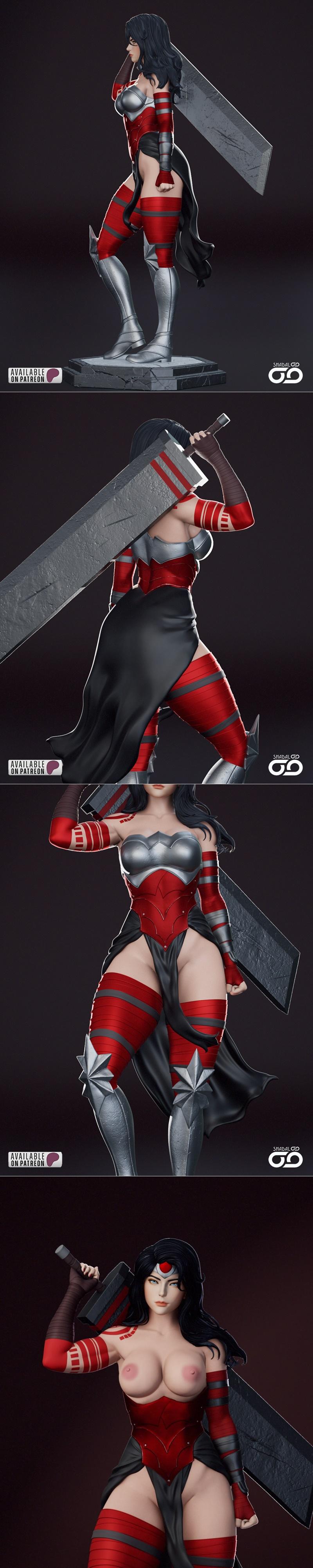3D model of Wonder Woman in a red and silver costume, holding a large sword, standing on a textured base. Features me...