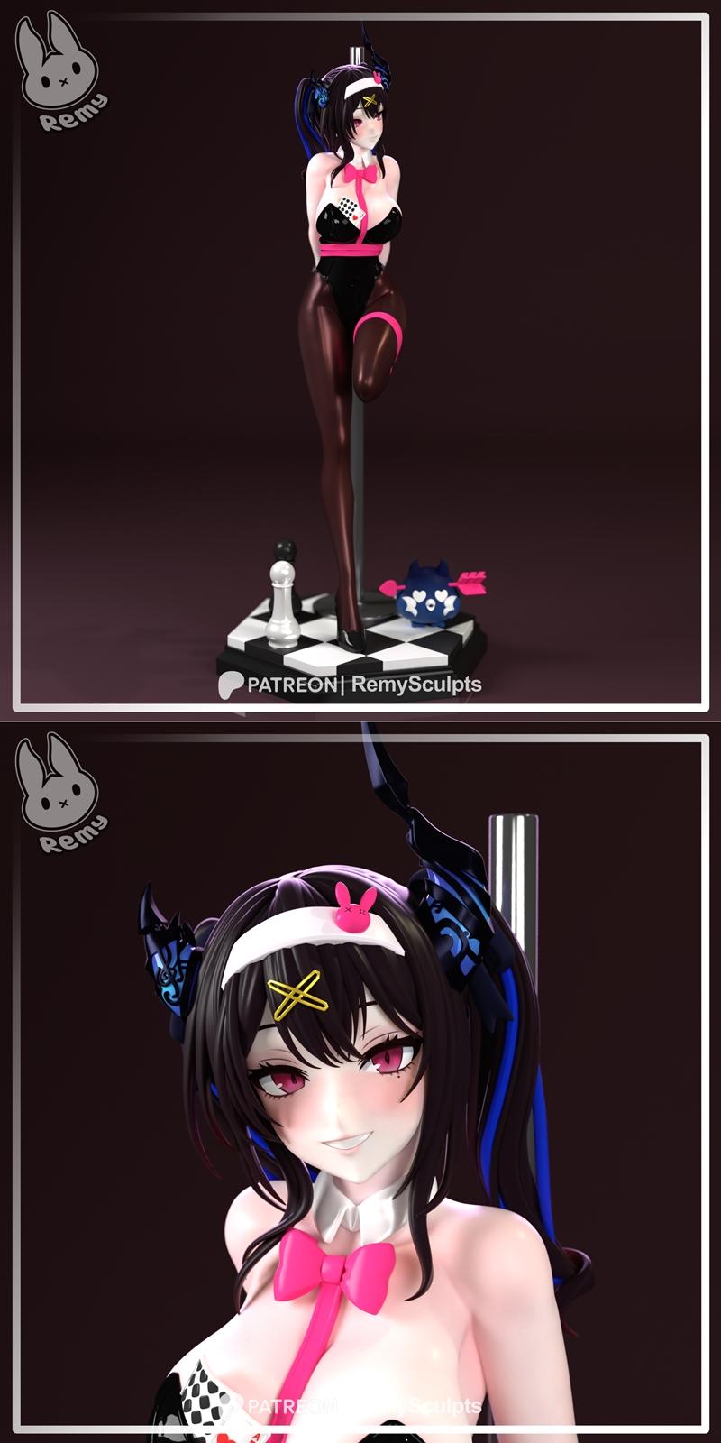 Nerissa 3D model figure in a bunny girl outfit posing on a pole, with a chess-themed base. Remy Sculpts.