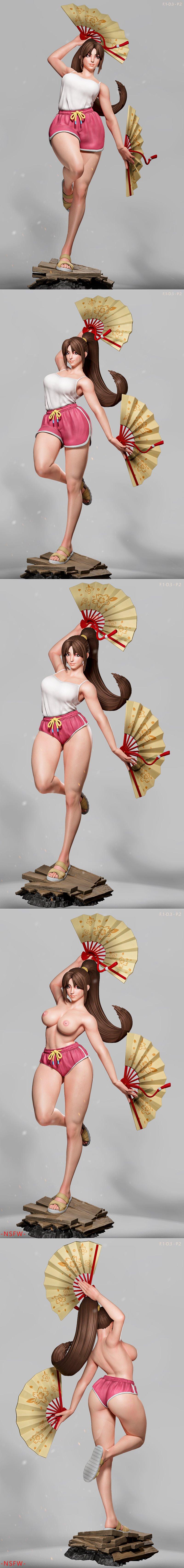 Mai Shiranui 3D model in various outfits, holding decorative fans, posed dynamically on a wooden base.