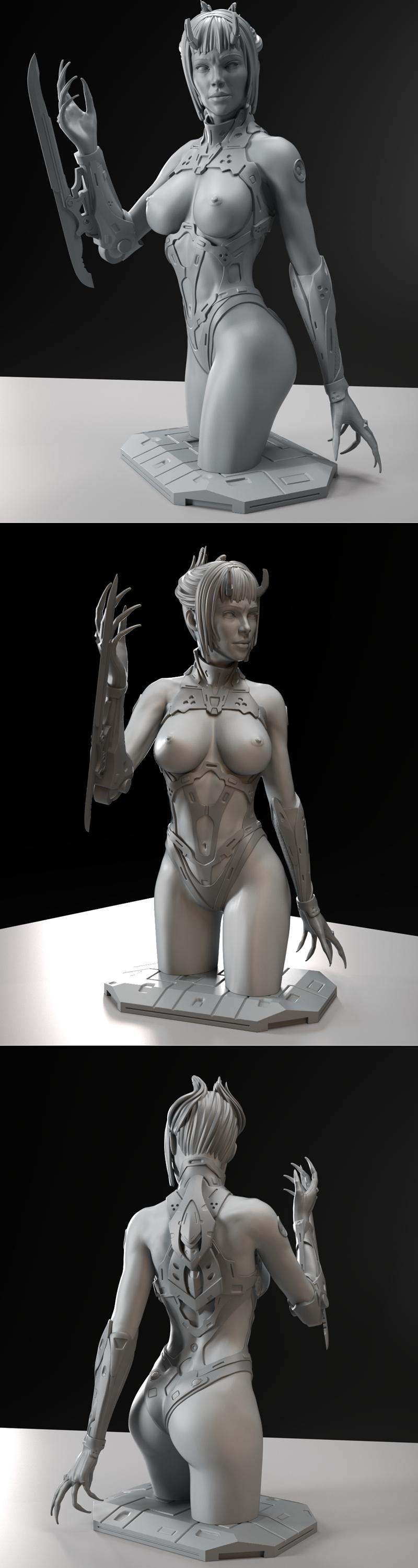 GSculpt Nakay bust 3D model, female character with cybernetic armor, horns, and bladed arm weapons, displayed on a ge...
