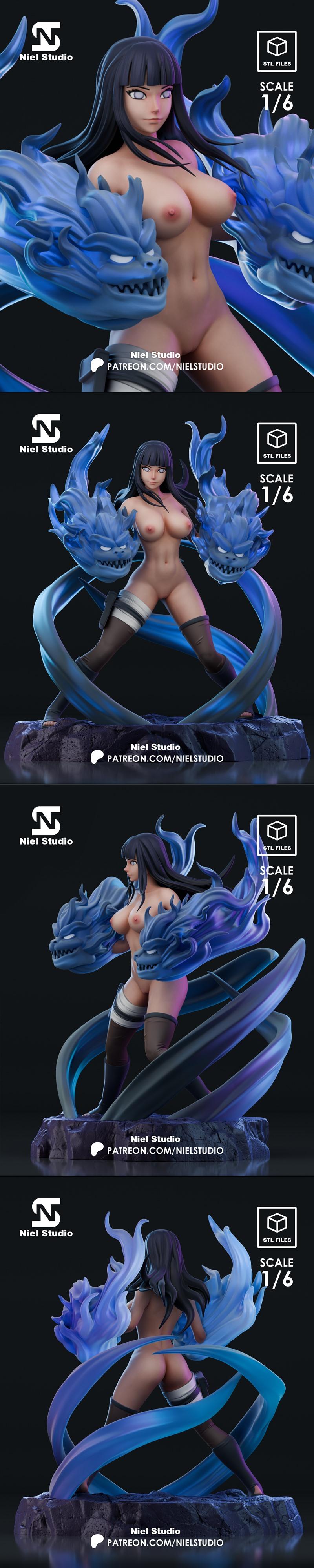 Hinata Hyuga from Naruto in a 1/6 scale 3D print model, surrounded by blue energy dragon heads, wearing a white top a...