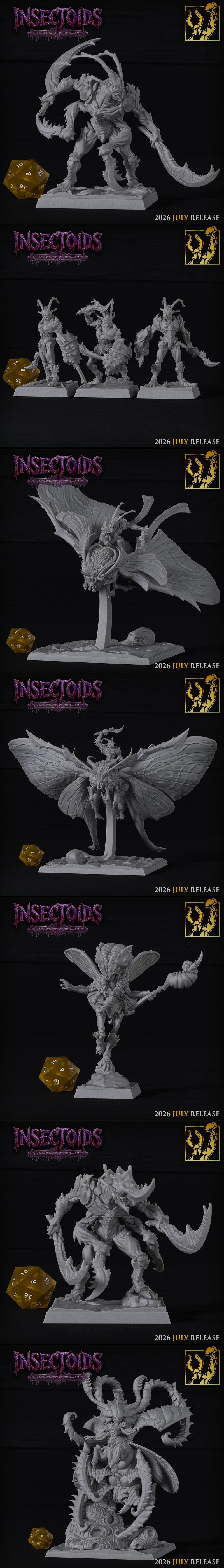 Collection of grey 3D printed miniatures depicting insectoid monsters, a dragon, and a warrior, displayed on square b...