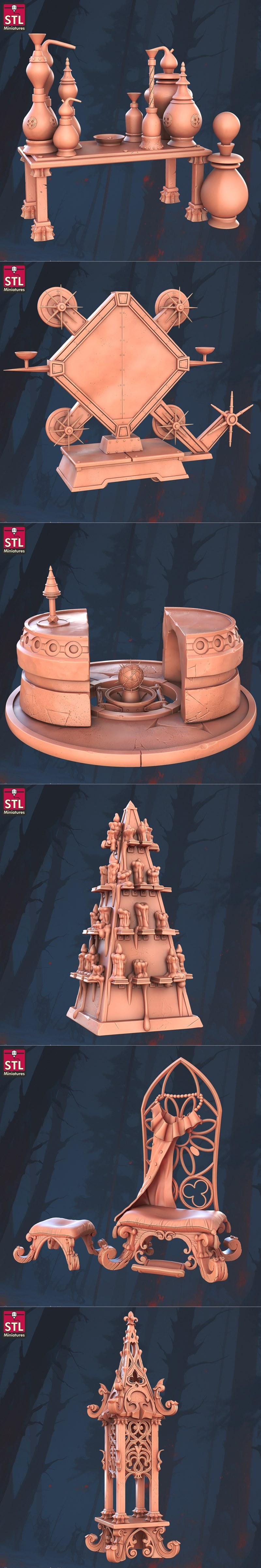 Red Sonja and companions 3D printable miniatures set, featuring Red Sonja in revealing armor with a sword, and other...