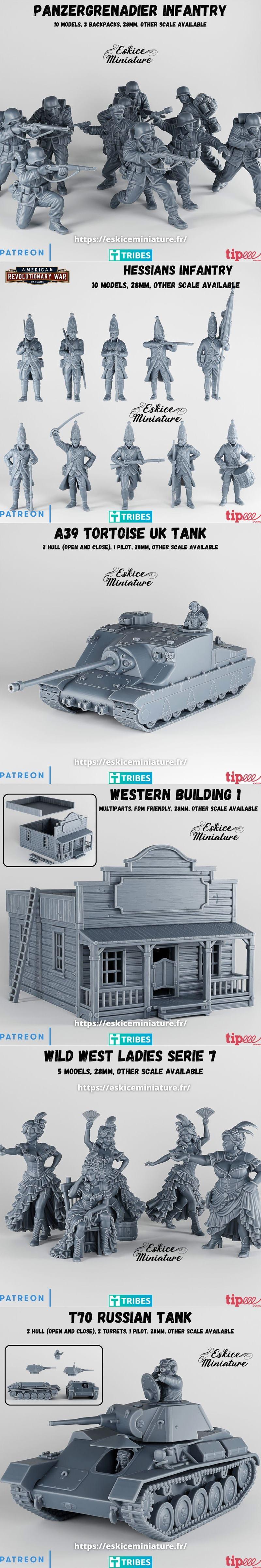 Collection of 3D printable miniatures: Hessian infantry, Wild West ladies, WWII resistance fighters, and Panzergrenad...