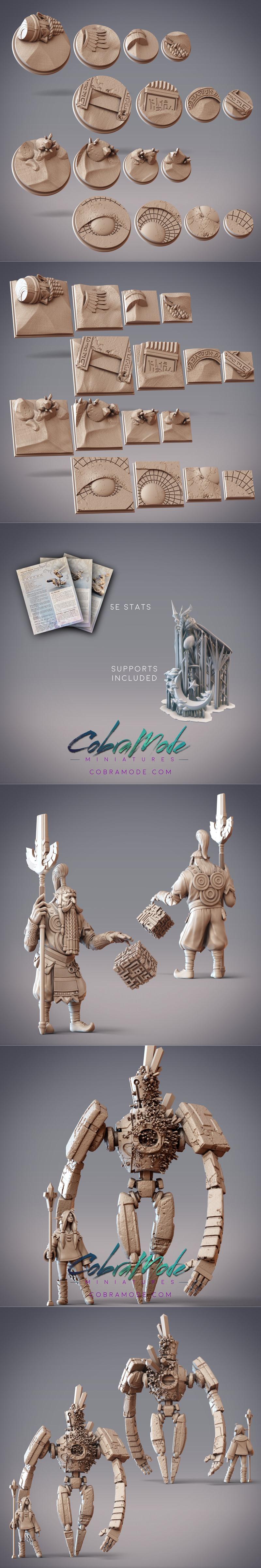 Collage of 3D printable miniatures from CobraMode, featuring fantasy creatures, anthropomorphic animals, and terrain...