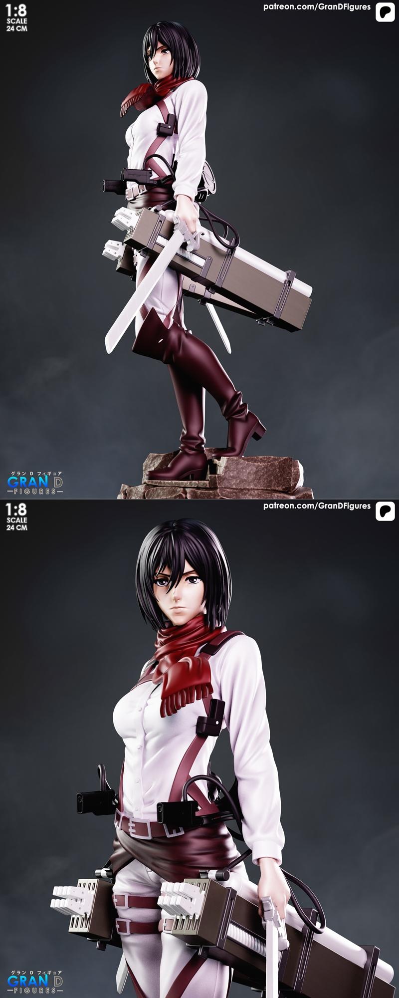 1:8 scale 3D print model of Mikasa Ackerman from Attack on Titan, holding two swords, wearing Survey Corps uniform an...