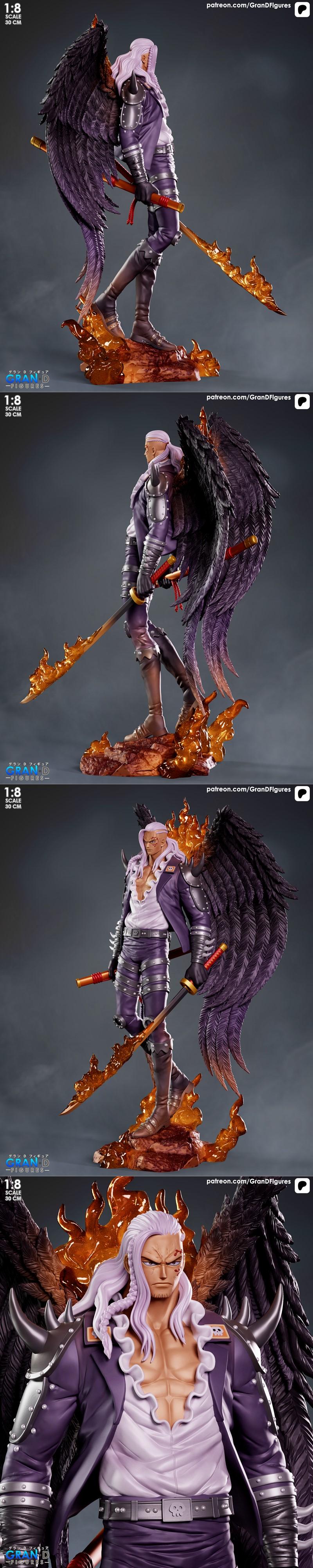 1:8 scale 3D model of King from One Piece, featuring large black wings, fiery aura, and holding two weapons. He wears...