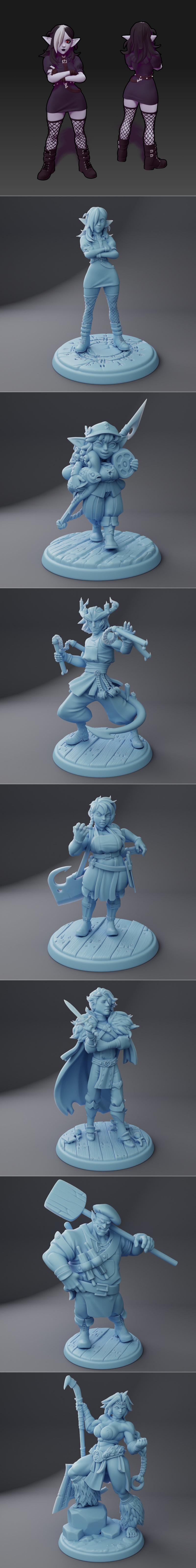 Collection of fantasy 3D print miniatures: a muscular female warrior with an axe, a demonic winged female with a scyt...