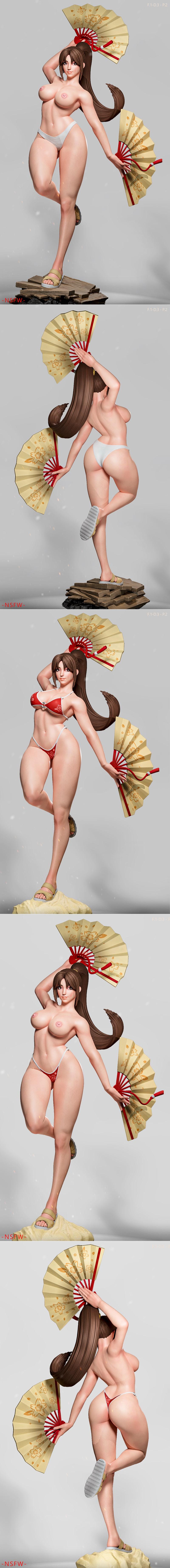 Mai Shiranui 3D model in various outfits, holding decorative fans, posed dynamically on a wooden base.