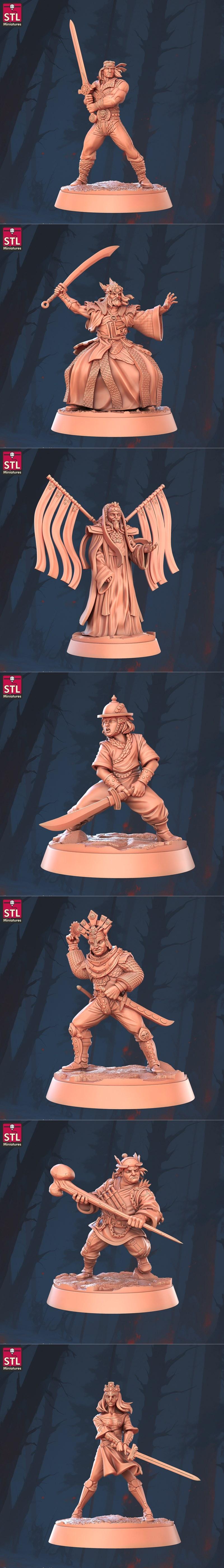 Red Sonja and companions 3D printable miniatures set, featuring Red Sonja in revealing armor with a sword, and other...