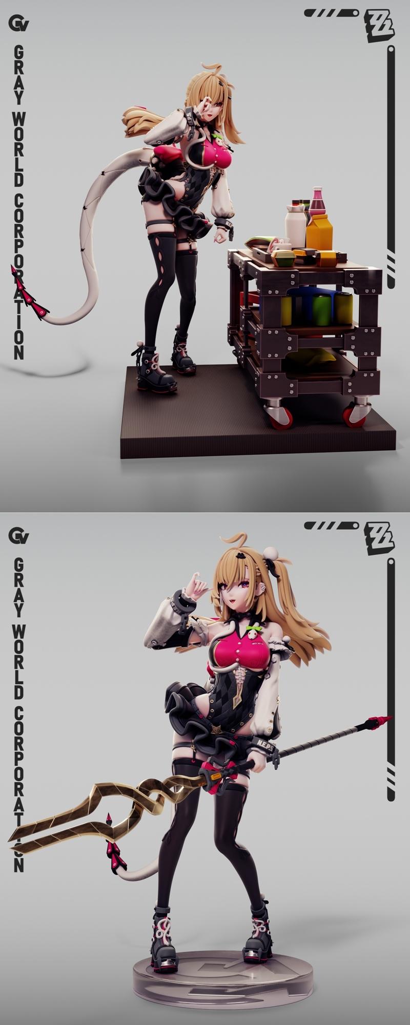 Anime-inspired female character Cissia with horns and tail, wearing a revealing outfit and standing by a laboratory c...