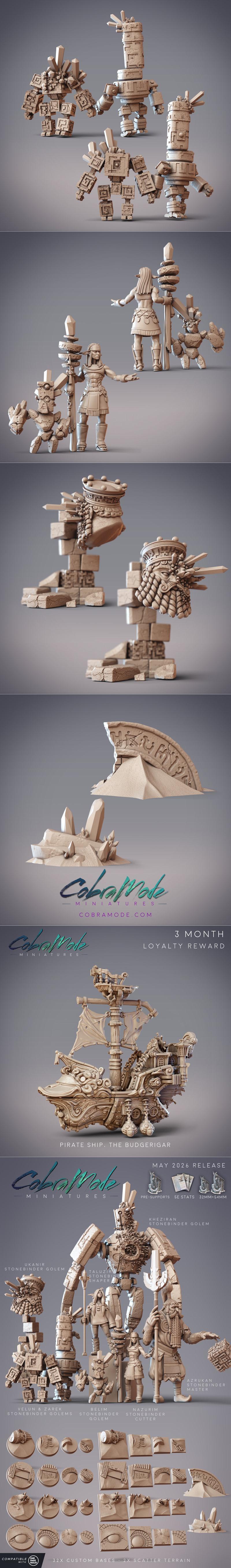 Collage of 3D printable miniatures from CobraMode, featuring fantasy creatures, anthropomorphic animals, and terrain...