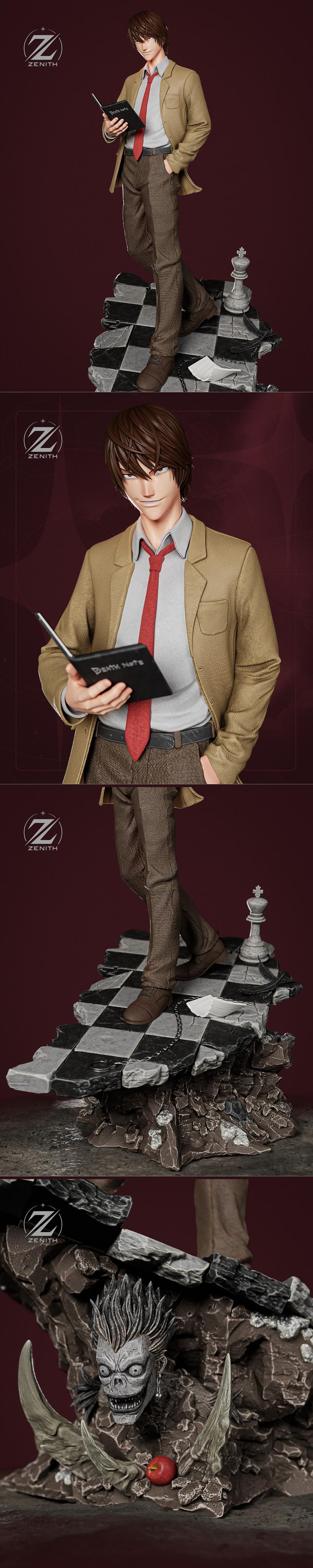 Light Yagami from Death Note holding a book, standing on a diorama base with a shattered chessboard, chess pieces, ch...