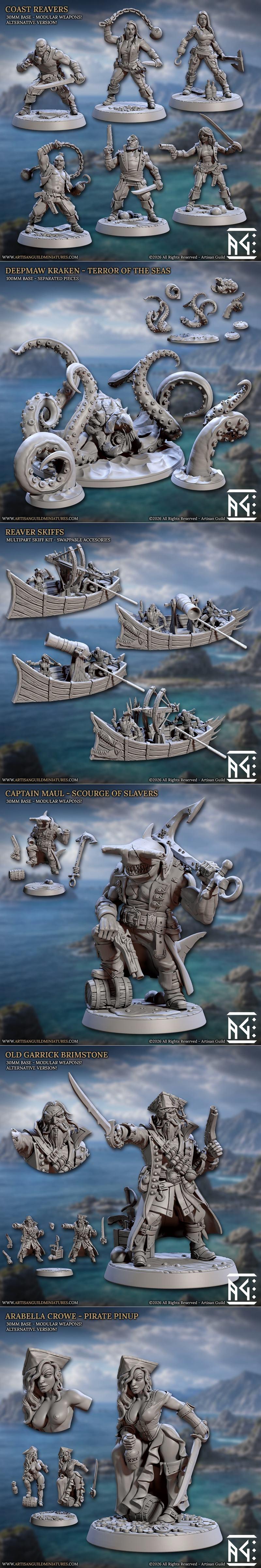 Collection of pirate-themed 3D printable miniatures: a kraken, ships with crews, and individual male and female pirat...