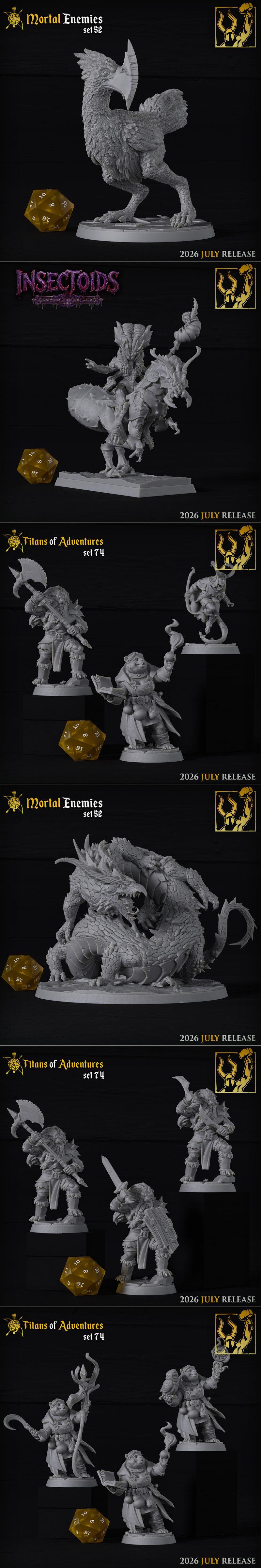 Collection of grey 3D printed miniatures depicting insectoid monsters, a dragon, and a warrior, displayed on square b...