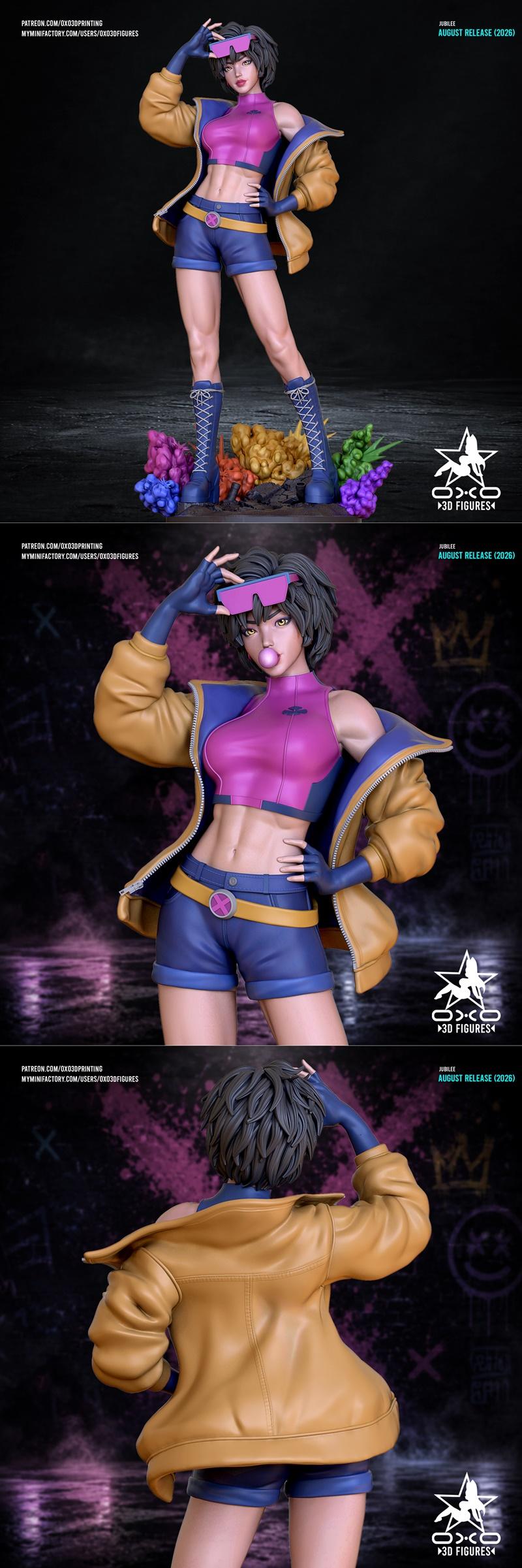 3D model of Jubilee from X-Men, wearing a yellow jacket, pink crop top, and blue shorts, striking a confident pose wi...