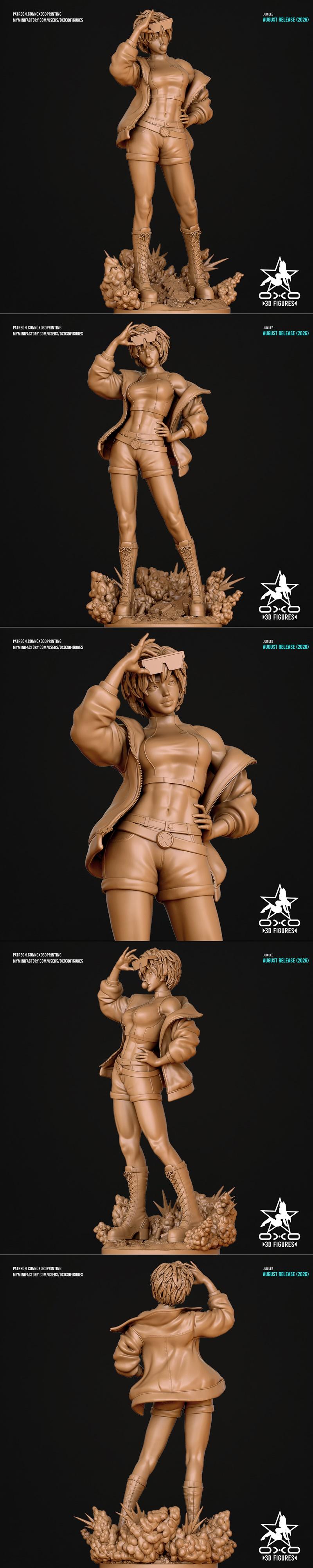 3D model of Jubilee from X-Men, wearing a yellow jacket, pink crop top, and blue shorts, striking a confident pose wi...