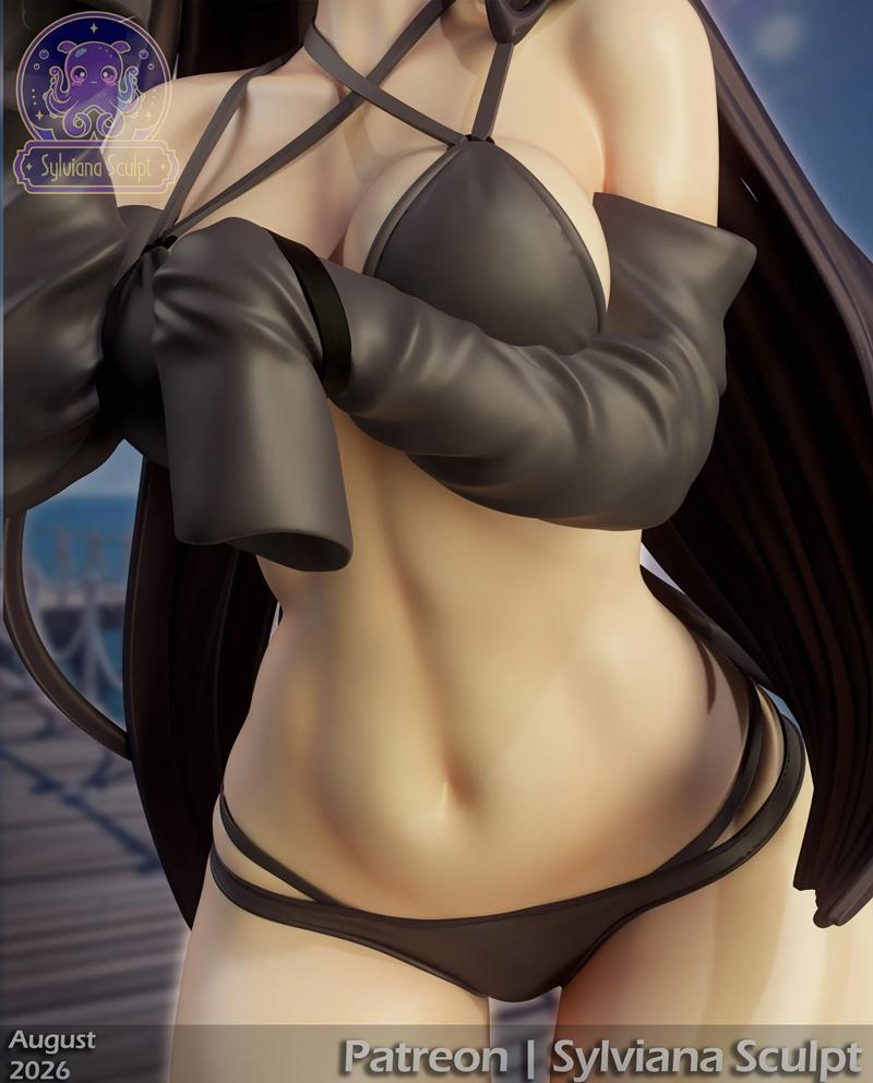 Anime-style woman with long black hair, wearing a black bikini and jacket, posing on a dock.