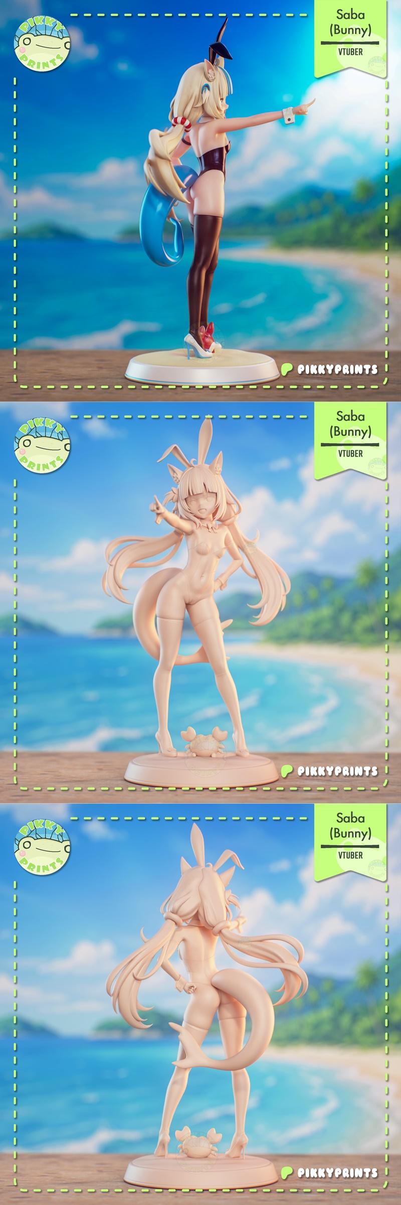 Saba Bunny character in a black bunny-girl swimsuit posing on a beach base with a small crab. She has blonde hair, bu...