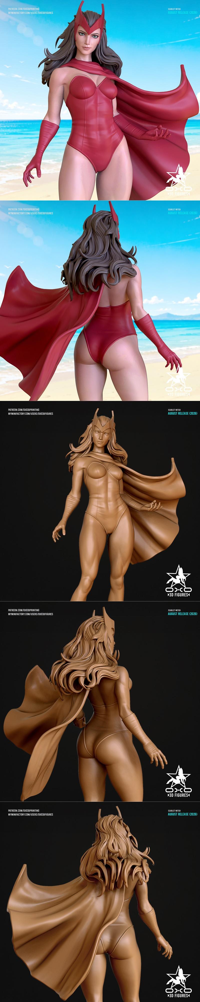 Scarlet Witch 3D model, wearing a red leotard and cape, standing on a base with magical effects. Multiple views show...