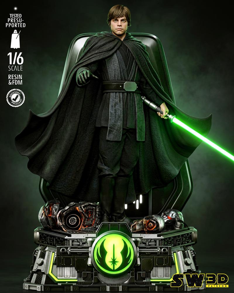 Luke Skywalker in a black hooded robe, holding a green lightsaber, standing on a detailed base with the Rebel Allianc...